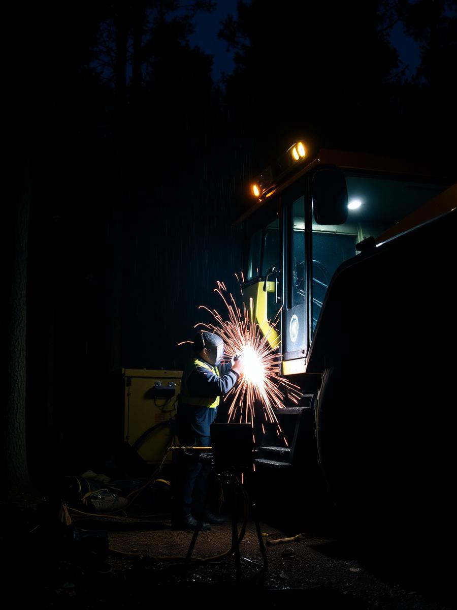 Engineer welding a forestry machine on site at night under floodlights