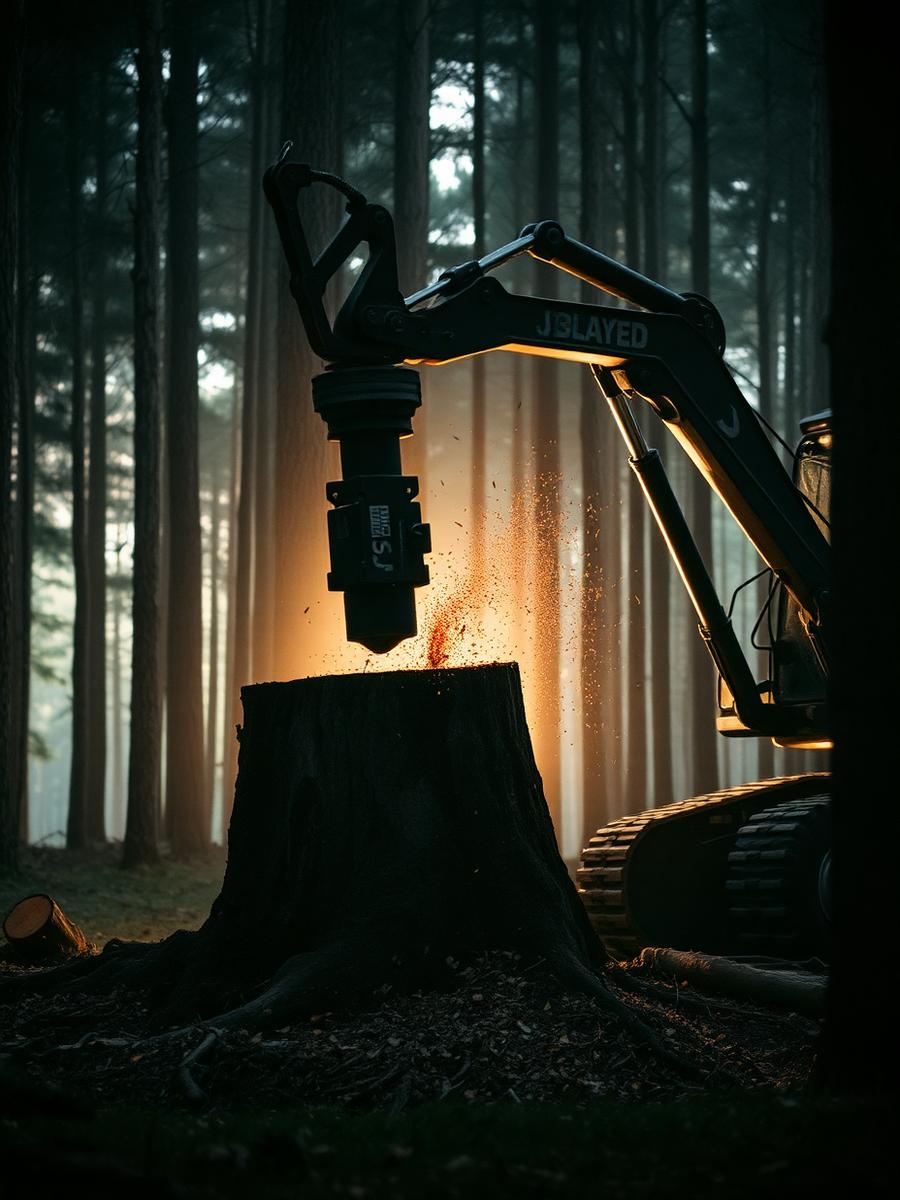 Excavator mounted stump grinder working on a tree stump