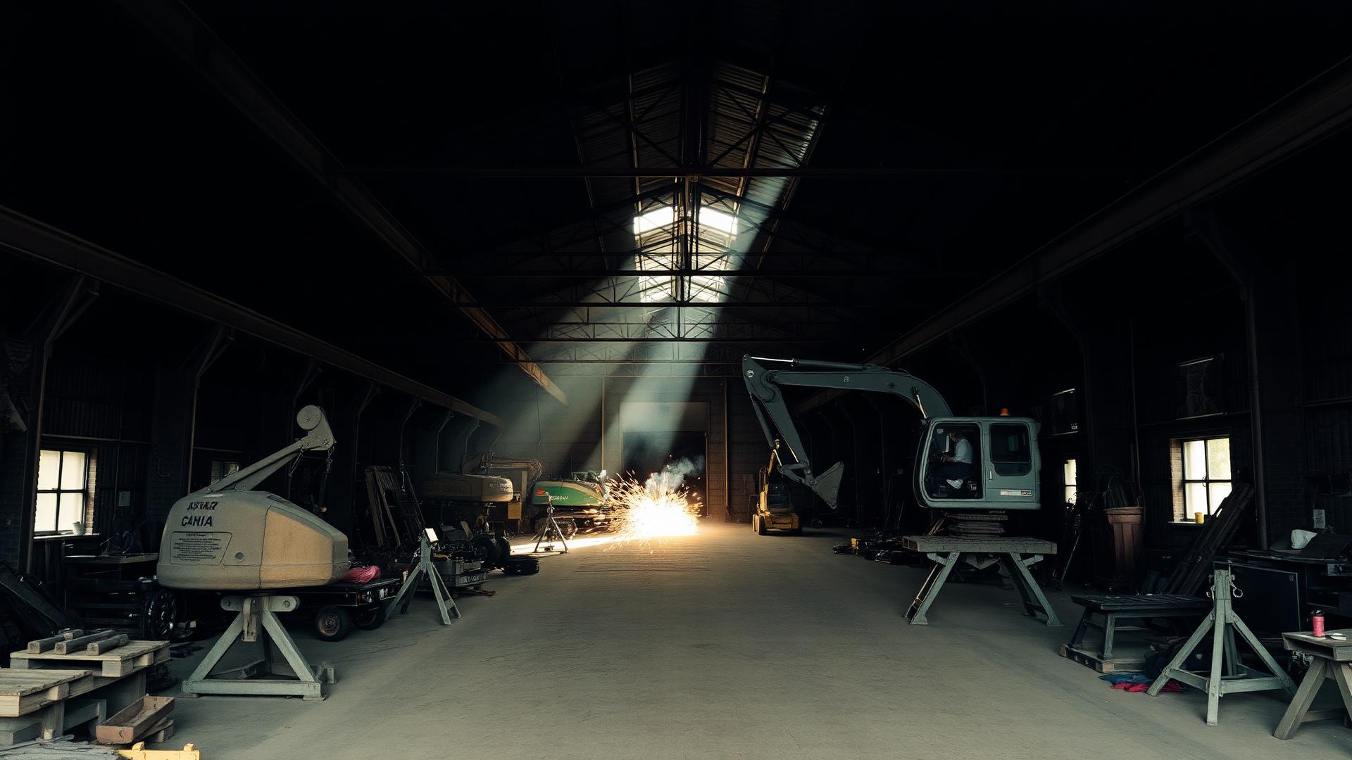 Interior of the RJ Hall Engineering workshop with machinery under repair